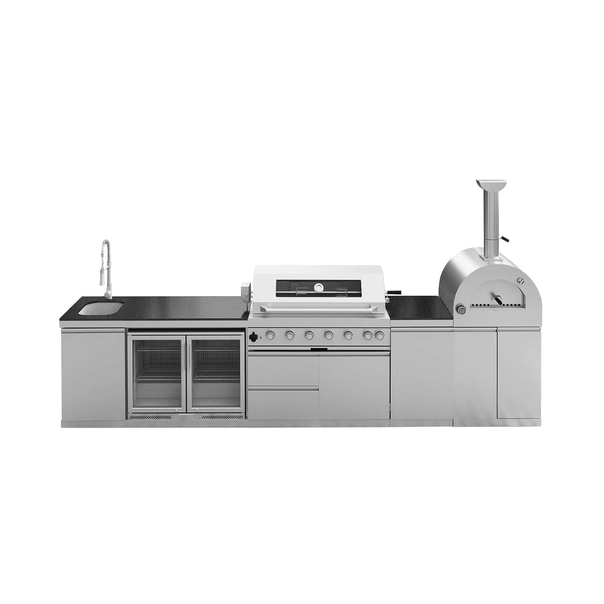 Blazon Outdoor Kitchen Island 6-Burner 120K BTU With Pizza Oven, Rotisserie And Refrigerator 147"