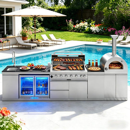 Blazon Outdoor Kitchen Island 6-Burner 120K BTU With Pizza Oven, Rotisserie And Refrigerator 147"
