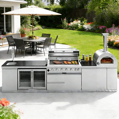 Blazon Outdoor Kitchen Island 6-Burner 120K BTU With Pizza Oven, Rotisserie And Refrigerator 147"