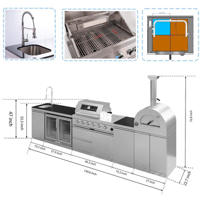 Blazon Outdoor Kitchen Island 4-Burner 108K BTU With Pizza Oven, Rotisserie And Refrigerator 150"