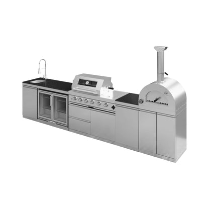 Blazon Outdoor Kitchen Island 4-Burner 108K BTU With Pizza Oven, Rotisserie And Refrigerator 150"