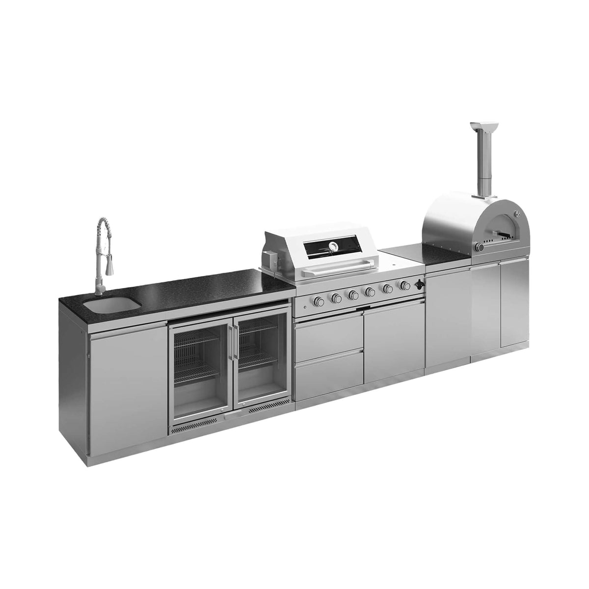 Blazon Outdoor Kitchen Island 4-Burner 108K BTU With Pizza Oven, Rotisserie And Refrigerator 150"