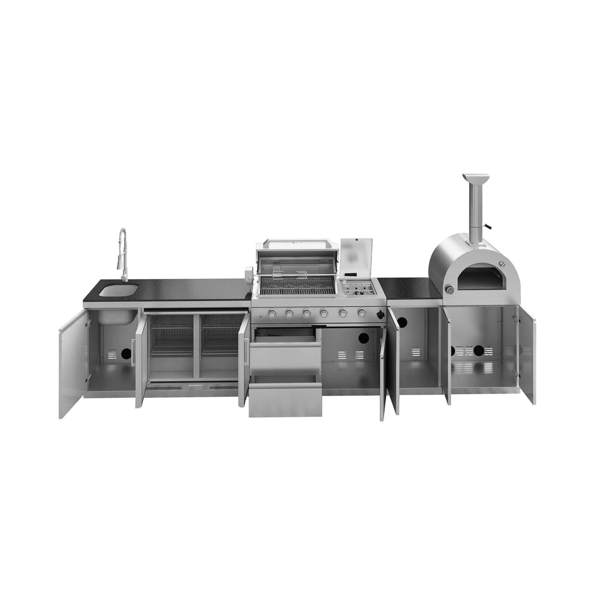 Blazon Outdoor Kitchen Island 4-Burner 108K BTU With Pizza Oven, Rotisserie And Refrigerator 150"