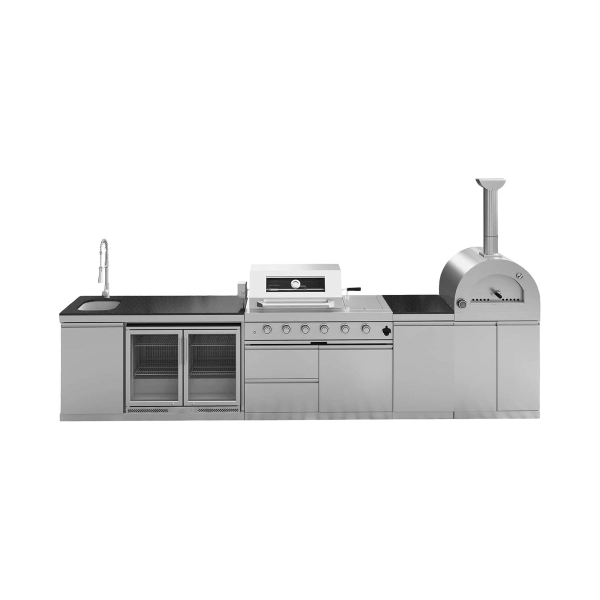 Blazon Outdoor Kitchen Island 4-Burner 108K BTU With Pizza Oven, Rotisserie And Refrigerator 150"