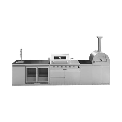Blazon Outdoor Kitchen Island 4-Burner 108K BTU With Pizza Oven, Rotisserie And Refrigerator 150"
