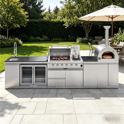 Blazon Outdoor Kitchen Island 4-Burner 108K BTU With Pizza Oven, Rotisserie And Refrigerator 150"