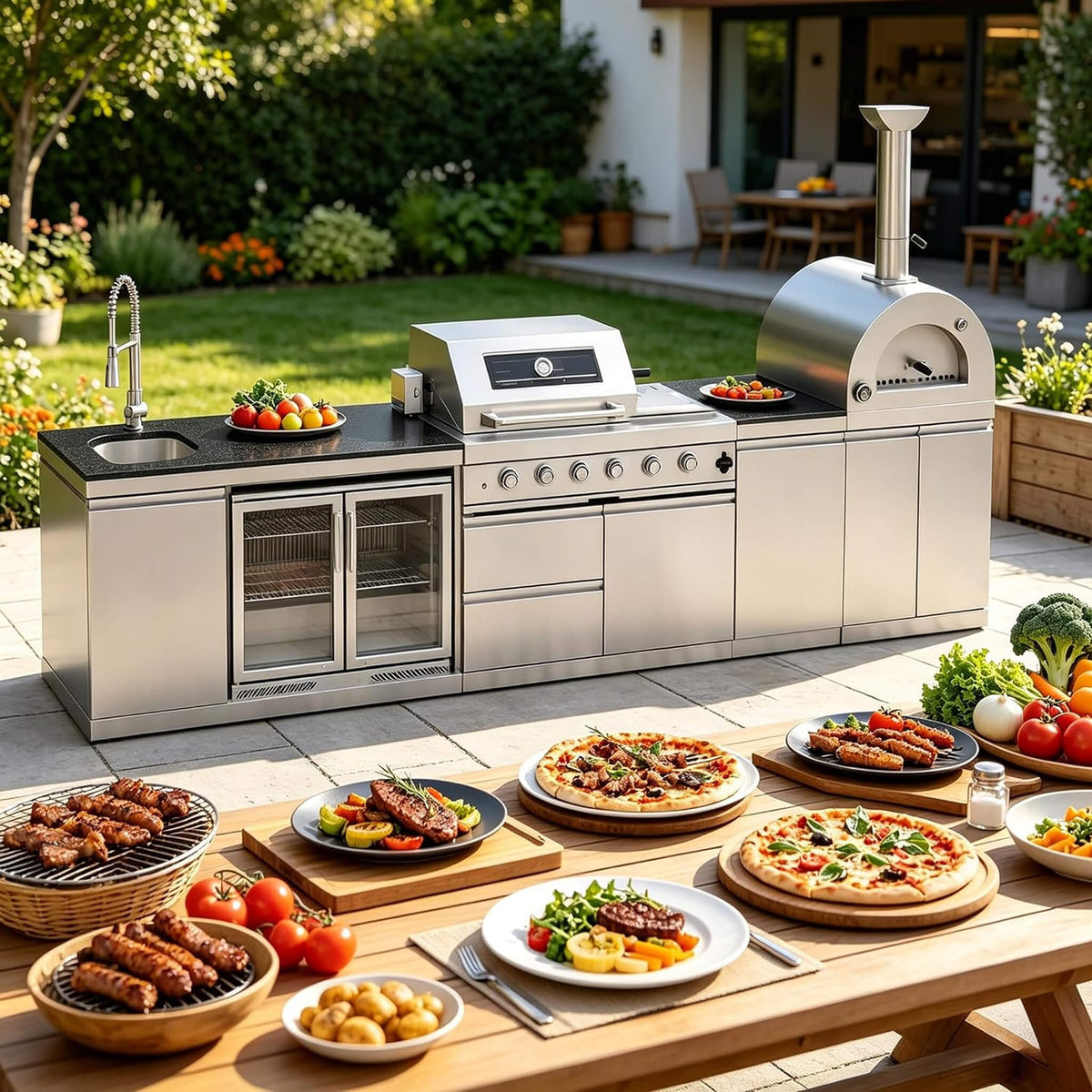 Blazon Outdoor Kitchen Island 4-Burner 108K BTU With Pizza Oven, Rotisserie And Refrigerator 150"