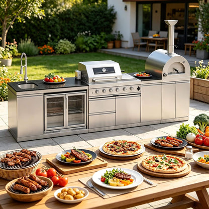 Blazon Outdoor Kitchen Island 4-Burner 108K BTU With Pizza Oven, Rotisserie And Refrigerator 150"