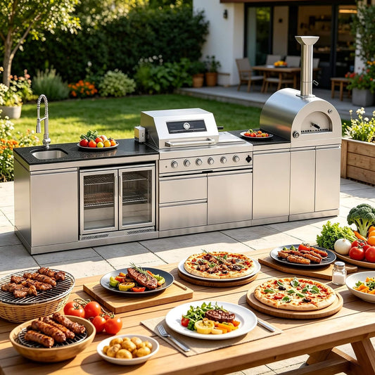 Blazon Outdoor Kitchen Island 4-Burner 108K BTU With Pizza Oven, Rotisserie And Refrigerator - 150"