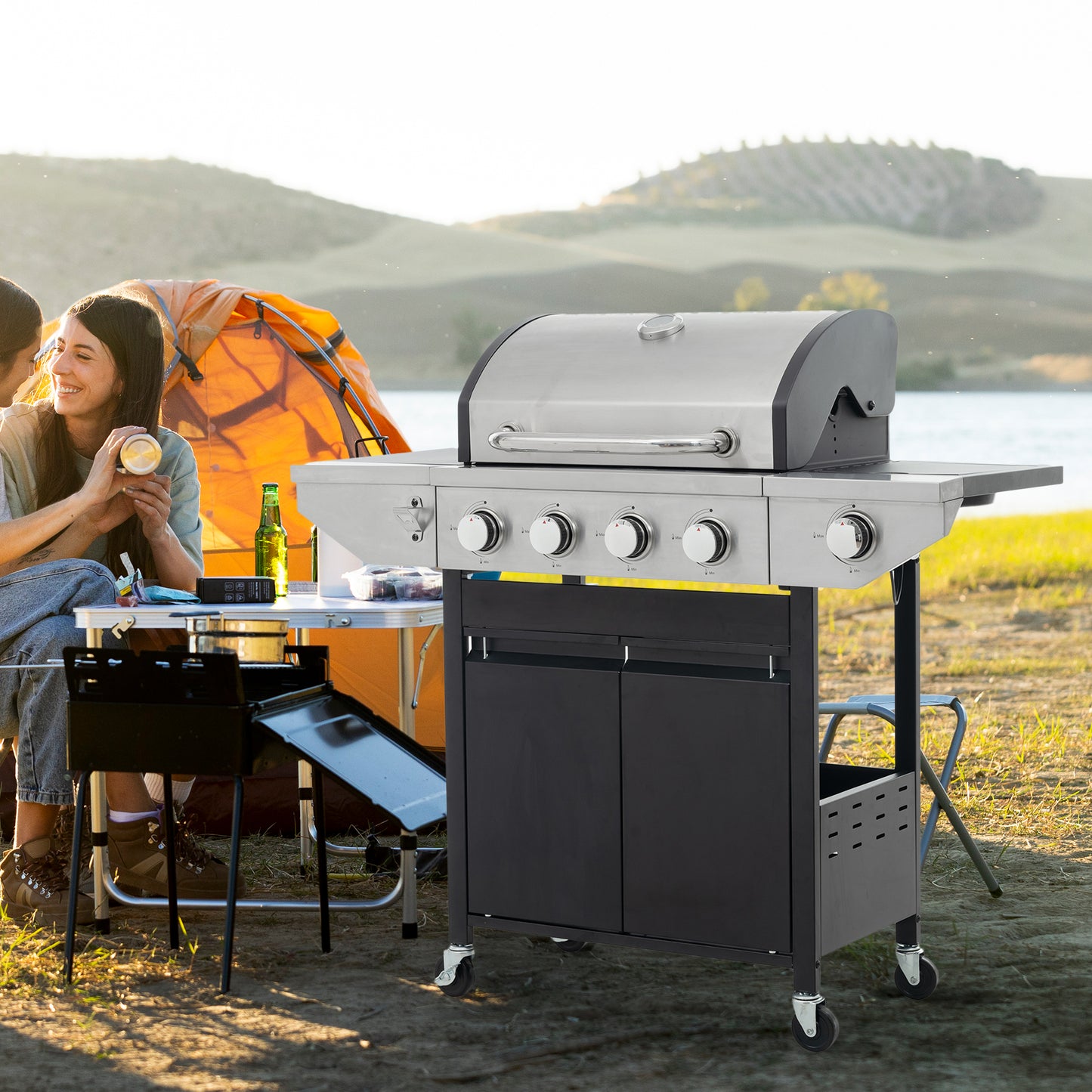 Propane Grill 4 Burner Barbecue Grill Stainless Steel Gas Grill with Side Burner, 46,500 BTU Outdoor Cooking, Patio, Garden Barbecue Grill, Black and Silver