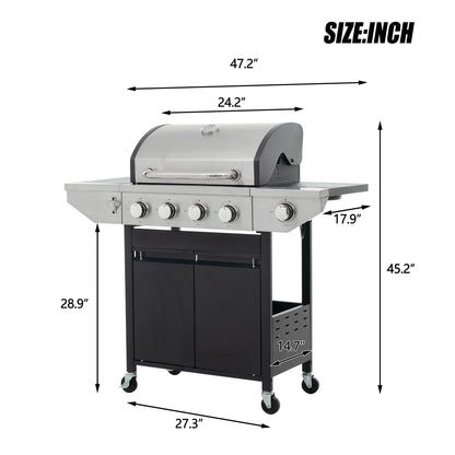Propane Grill 4 Burner Barbecue Grill Stainless Steel Gas Grill with Side Burner, 46,500 BTU Outdoor Cooking, Patio, Garden Barbecue Grill, Black and Silver
