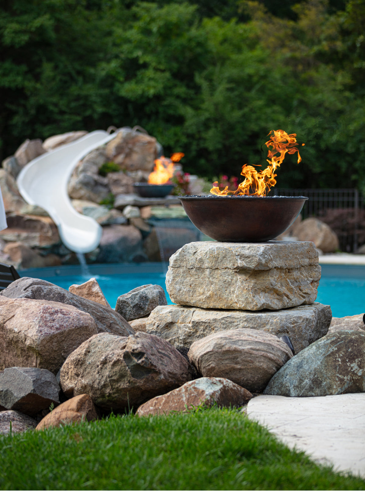 HPC Tempe Hammered Copper Fire Bowl – 31″ — exact action photo