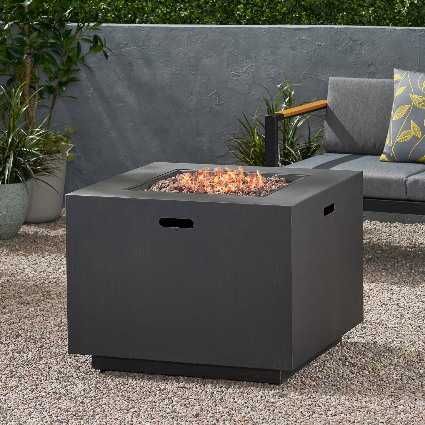 33' Outdoor Iron Square Propane Fire Pit, Tank Inside, Brushed Brown 50,000 BTU