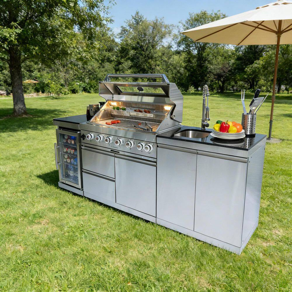 43 In. 6-Burner Propane Gas Grill Island Outdoor Kitchen in Stainless Steel with Refrigerator, Sink