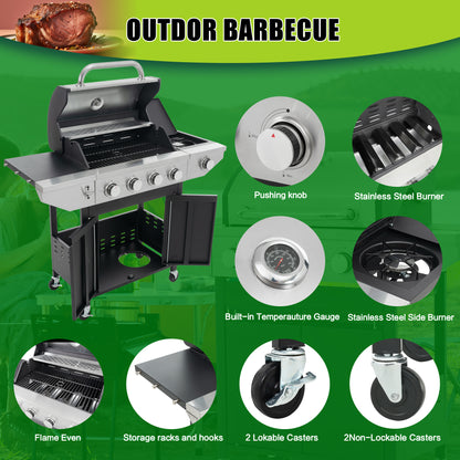 Propane Grill 4 Burner Barbecue Grill Stainless Steel Gas Grill with Side Burner, 46,500 BTU Outdoor Cooking, Patio, Garden Barbecue Grill, Black and Silver