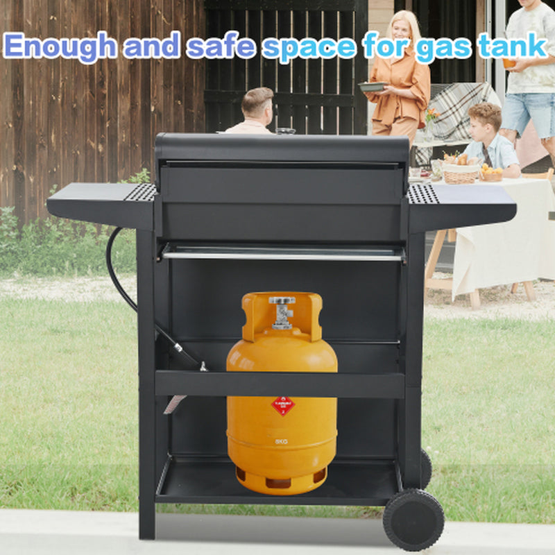 Propane Gas Grill 4 Burner Barbecue Grill, Stainless Steel 34,000 BTU Patio Garden Barbecue Grill with Two Shelves, Lid, Wheels and Bottle Opener