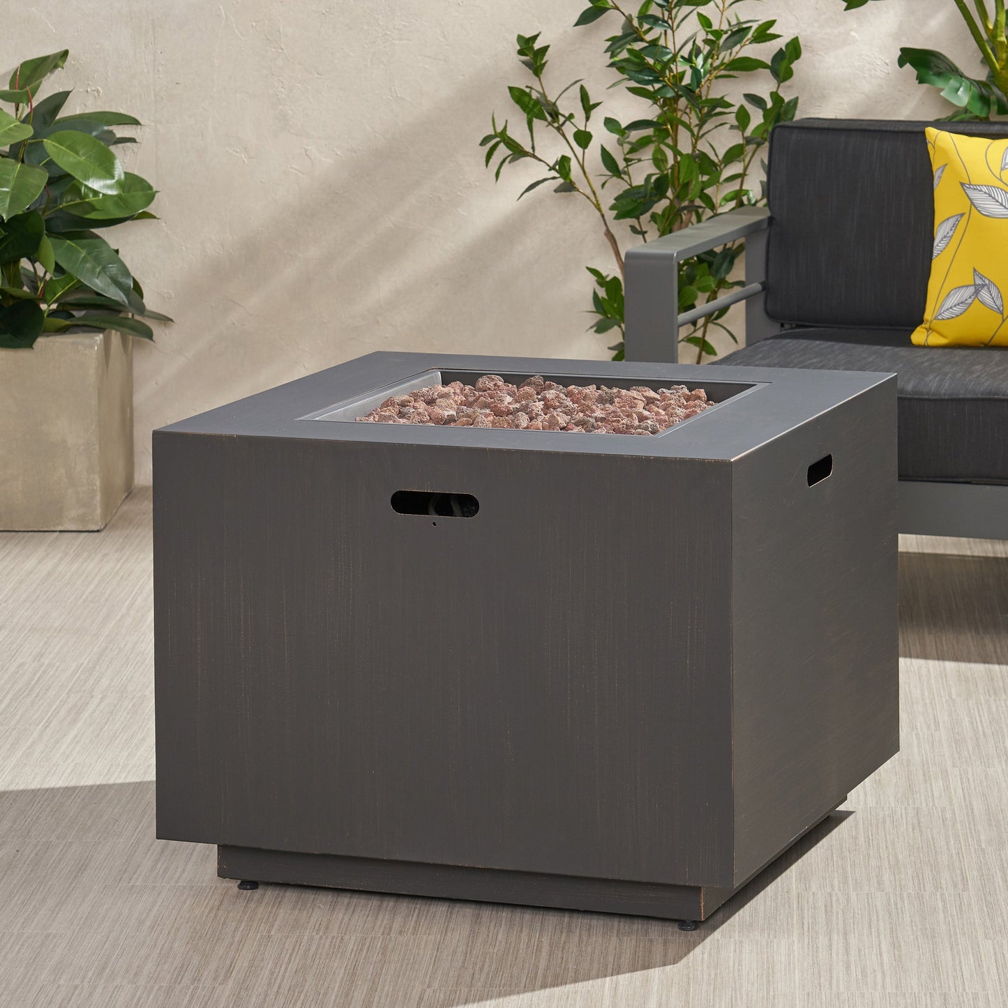 33' Outdoor Iron Square Propane Fire Pit, Tank Inside, Brushed Brown 50,000 BTU