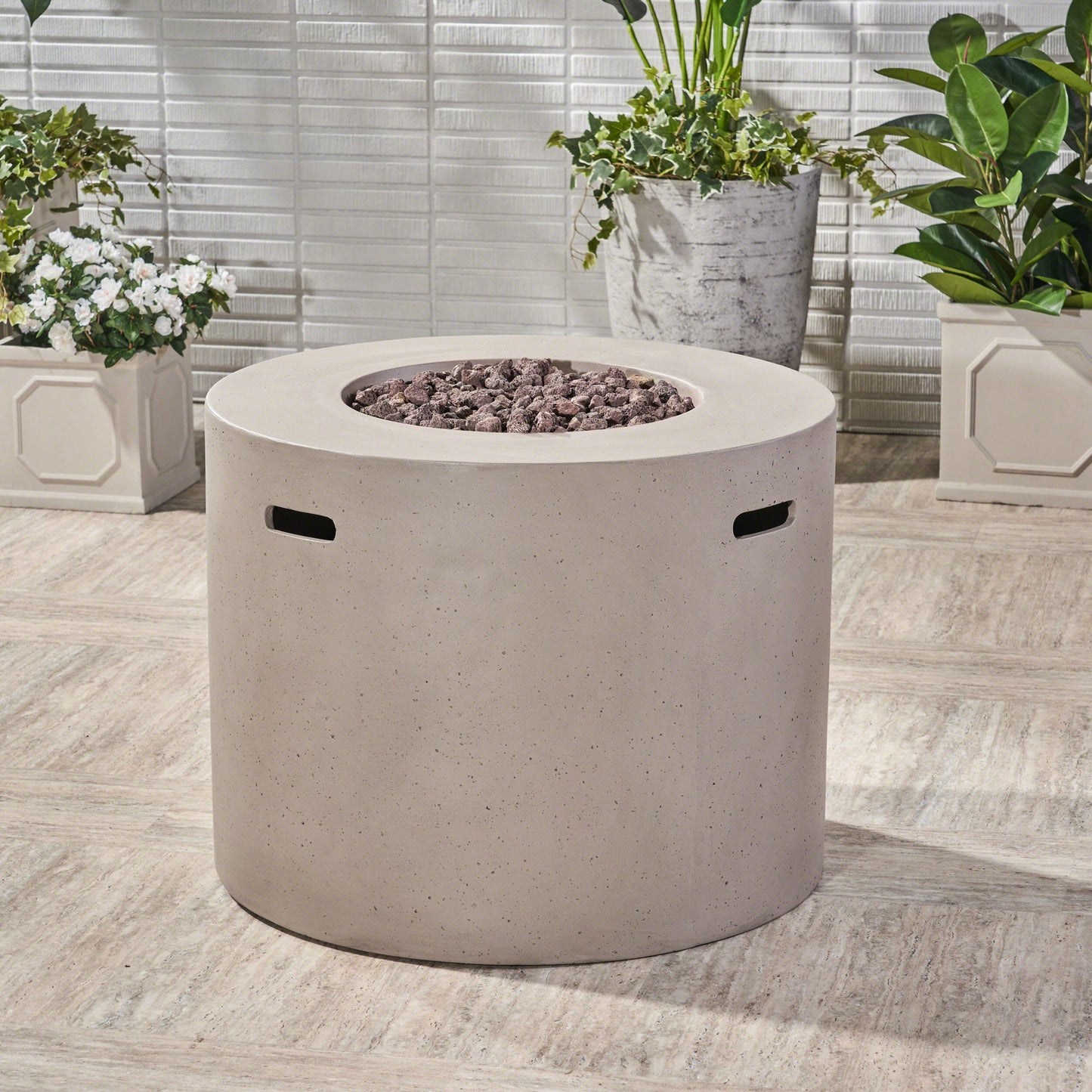 Light Grey Magnesium Oxide 31 in Round Fire Pit with 40,000 BTU for Patio Use