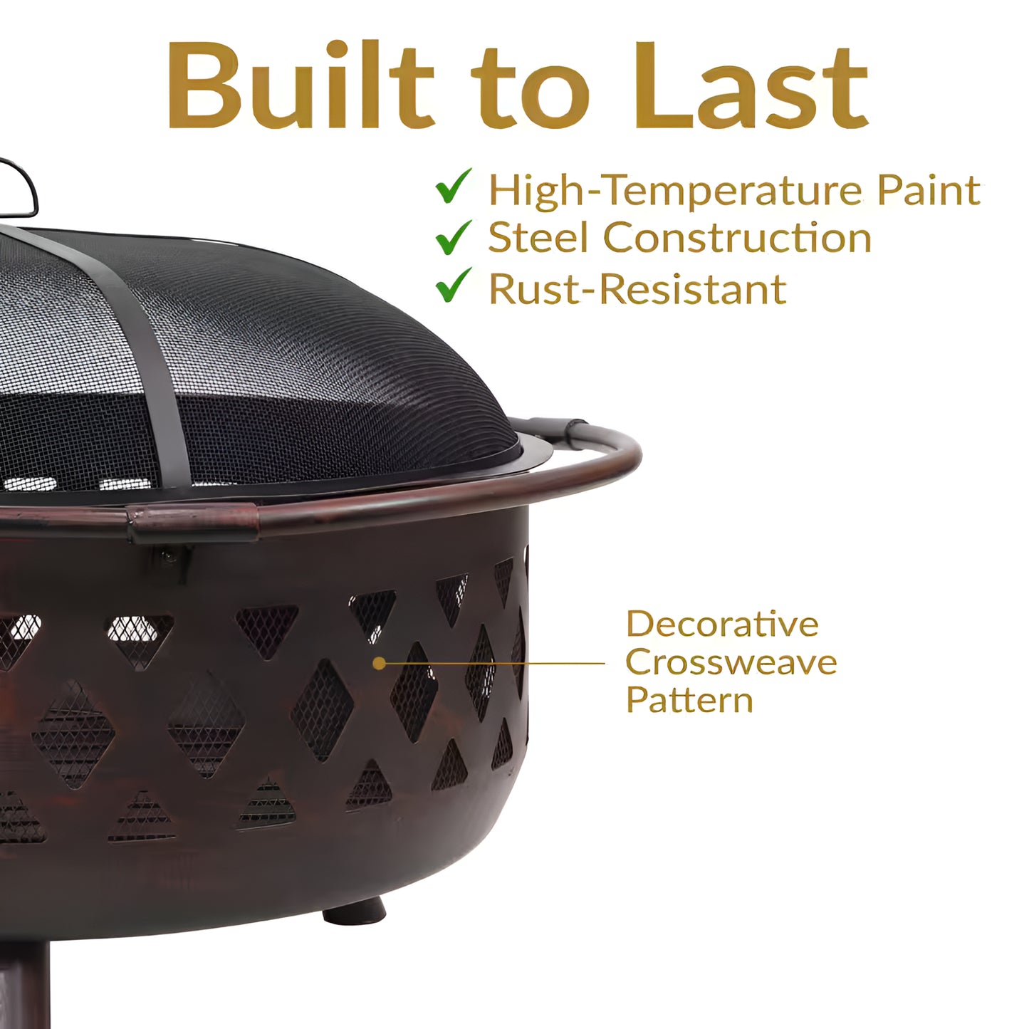 Cross Weave 36 In. X 24 In. Large round Steel Wood Burning Fire Pit in Bronze with Spark Screen