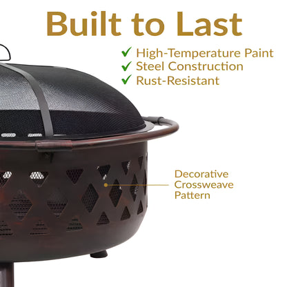 Cross Weave 36 In. X 24 In. Large round Steel Wood Burning Fire Pit in Bronze with Spark Screen