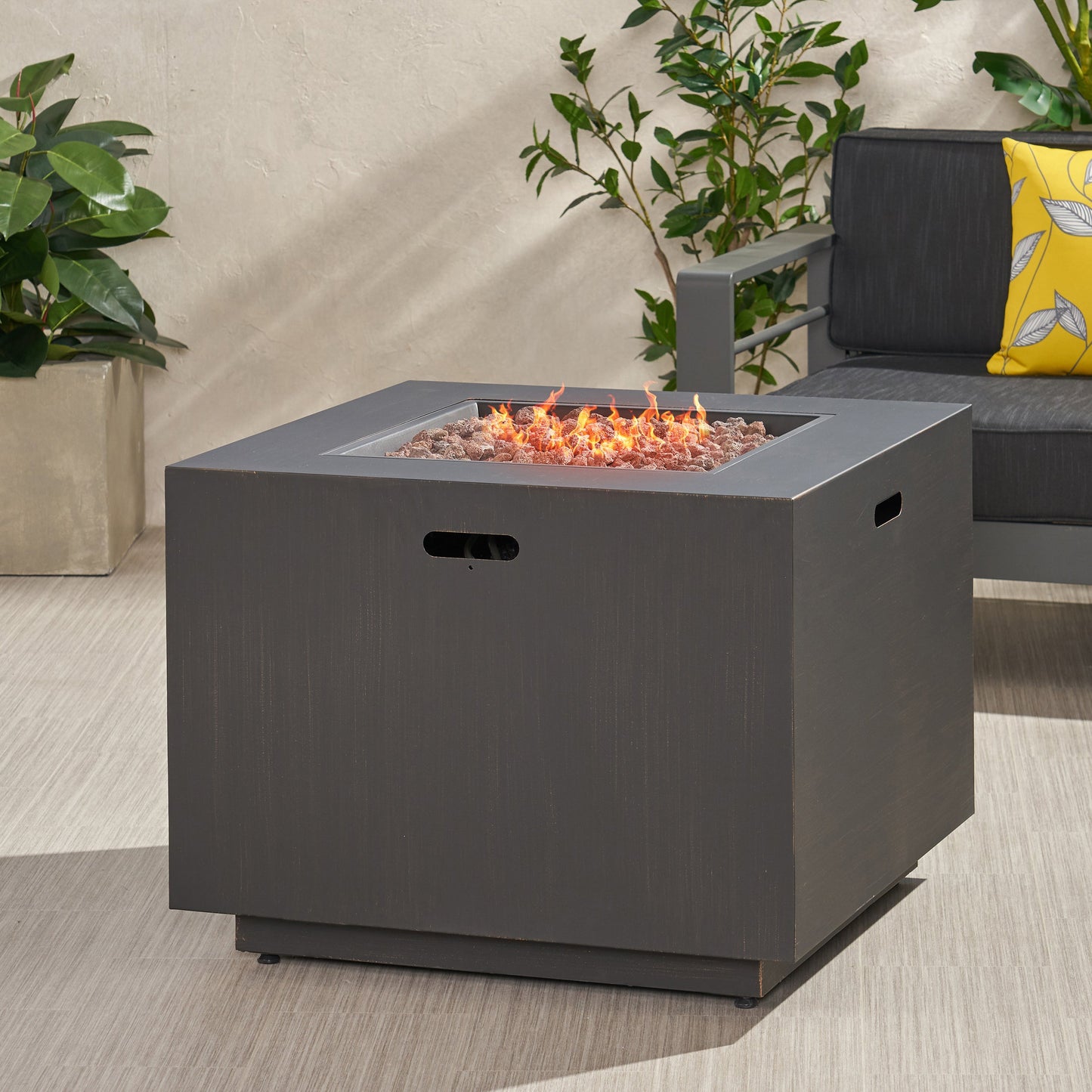 33' Outdoor Iron Square Propane Fire Pit, Tank Inside, Brushed Brown 50,000 BTU