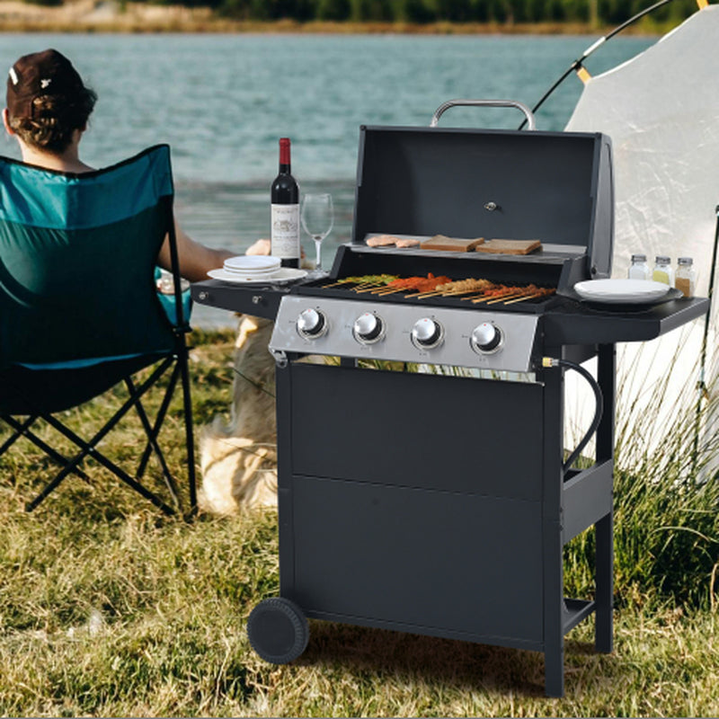 Propane Gas Grill 4 Burner Barbecue Grill, Stainless Steel 34,000 BTU Patio Garden Barbecue Grill with Two Shelves, Lid, Wheels and Bottle Opener