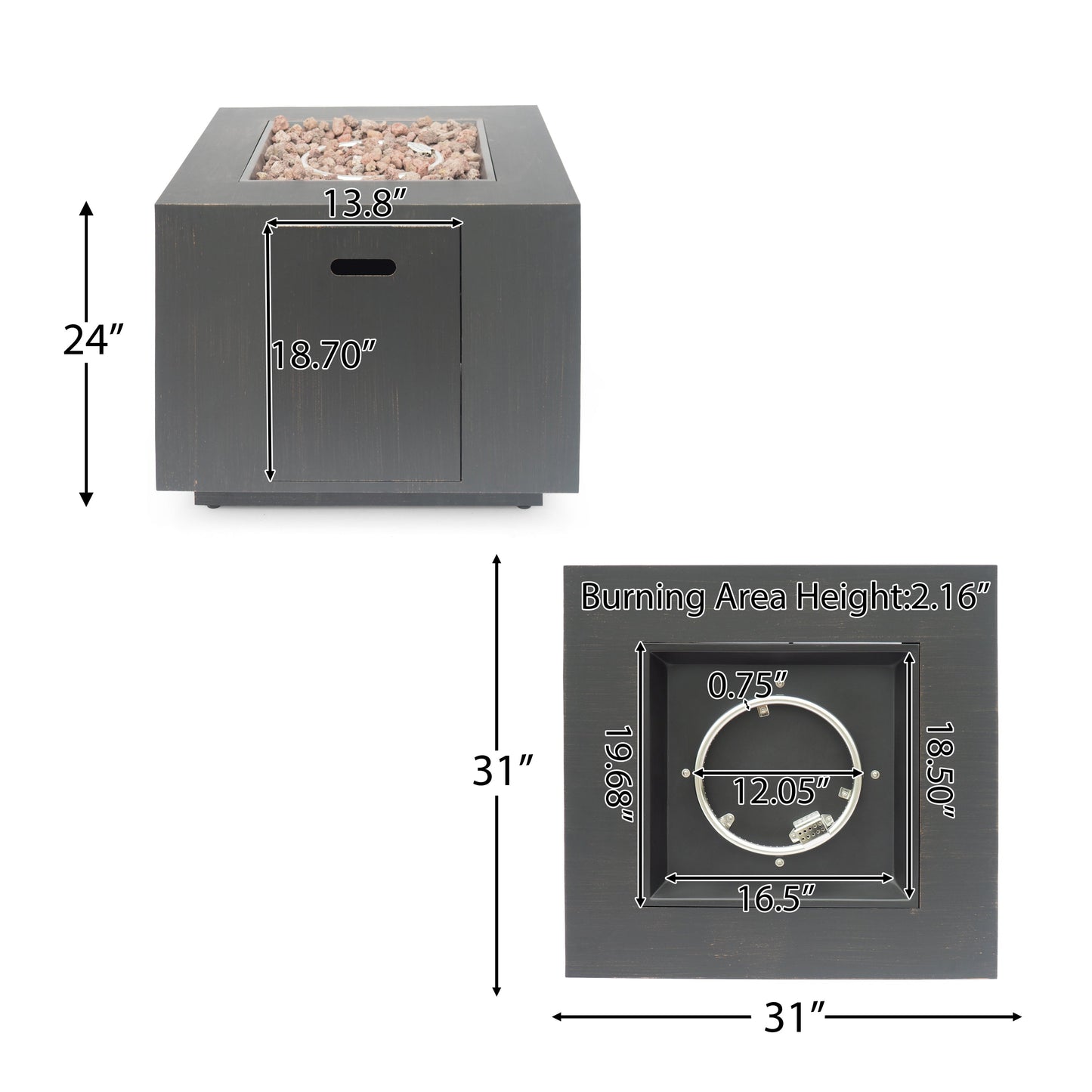 33' Outdoor Iron Square Propane Fire Pit, Tank Inside, Brushed Brown 50,000 BTU