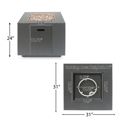 33' Outdoor Iron Square Propane Fire Pit, Tank Inside, Brushed Brown 50,000 BTU