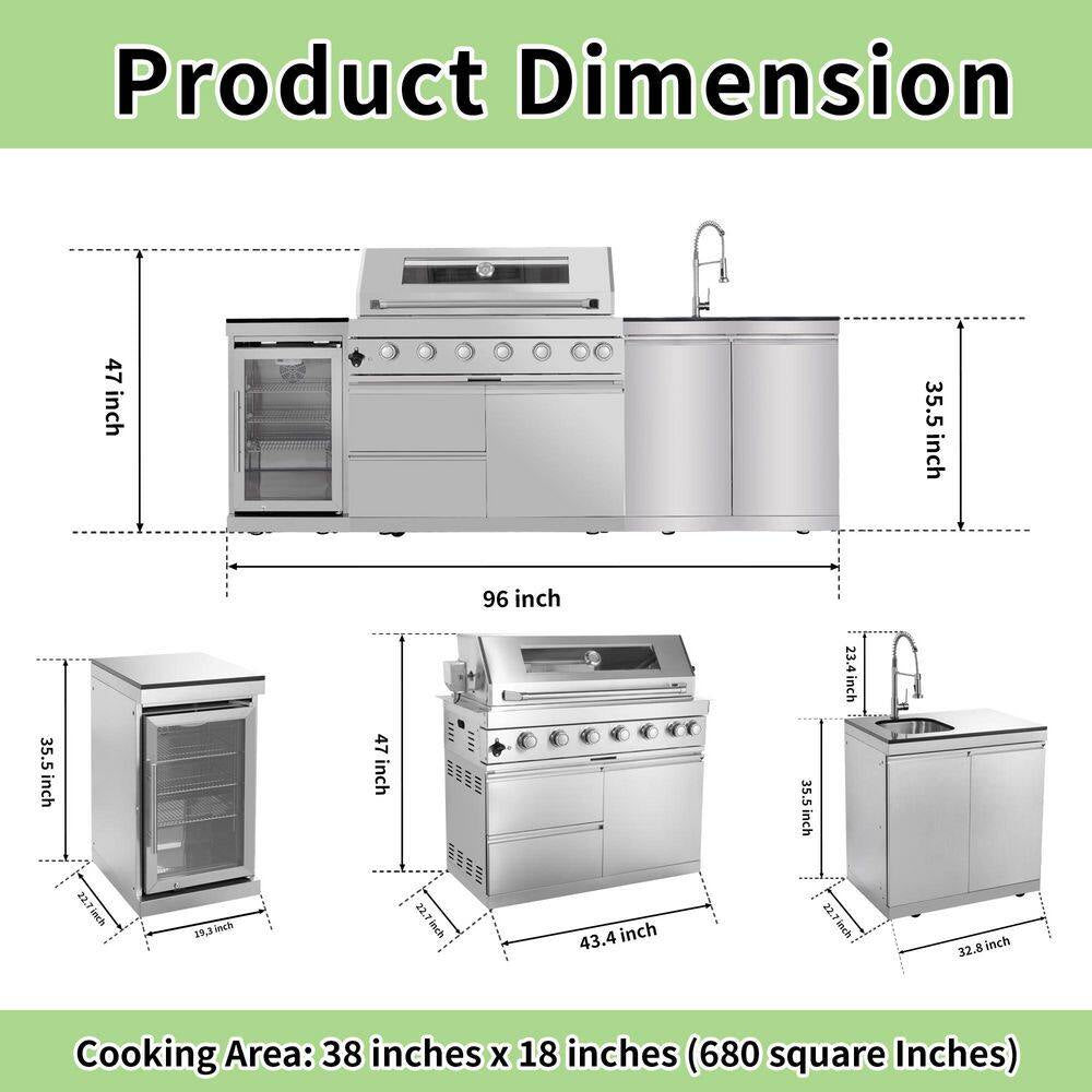 43 In. 6-Burner Propane Gas Grill Island Outdoor Kitchen in Stainless Steel with Refrigerator, Sink