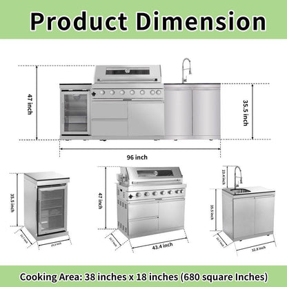 43 In. 6-Burner Propane Gas Grill Island Outdoor Kitchen in Stainless Steel with Refrigerator, Sink