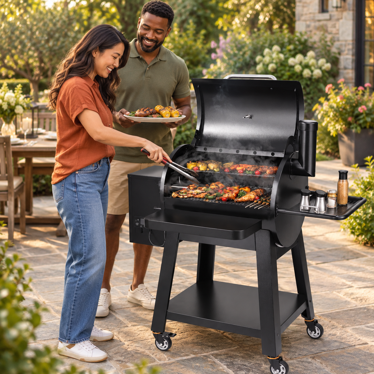 Heavy-Duty Portable Wood Pellet Outdoor BBQ Grill With Cart - 53"