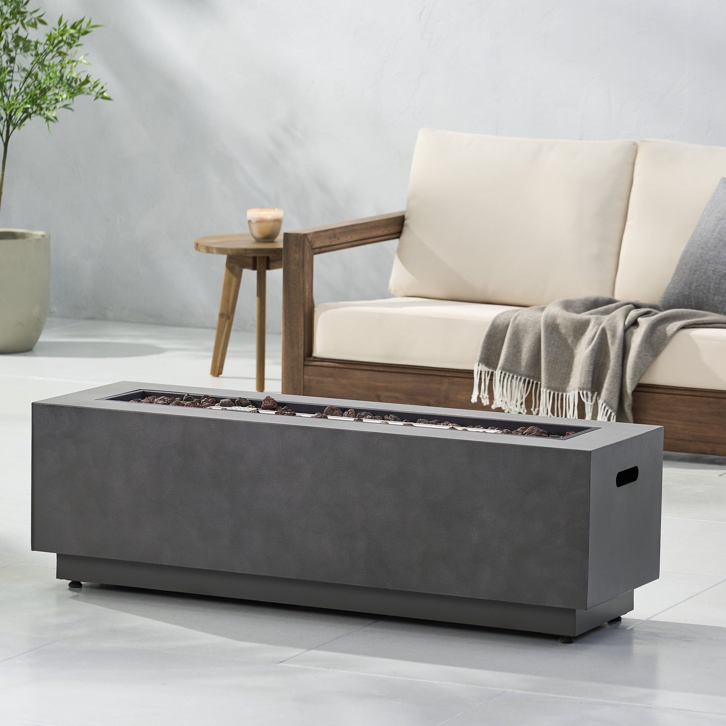 RECTANGULAR IRON FIRE PIT 50,000 BTU WITH TANK HOLDER, Stone Gray