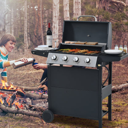 Propane Gas Grill 4 Burner Barbecue Grill, Stainless Steel 34,000 BTU Patio Garden Barbecue Grill with Two Shelves, Lid, Wheels and Bottle Opener