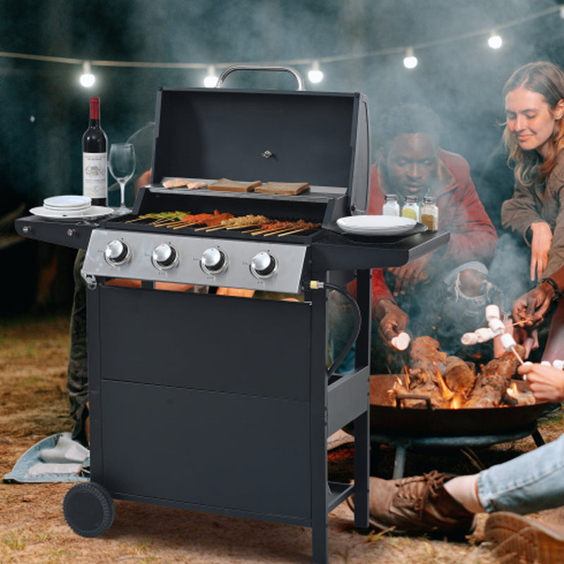Propane Gas Grill 4 Burner Barbecue Grill, Stainless Steel 34,000 BTU Patio Garden Barbecue Grill with Two Shelves, Lid, Wheels and Bottle Opener