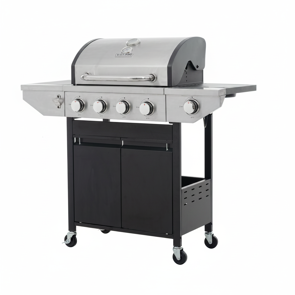 Propane Grill 4 Burner Barbecue Grill Stainless Steel Gas Grill with Side Burner, 46,500 BTU Outdoor Cooking, Patio, Garden Barbecue Grill, Black and Silver
