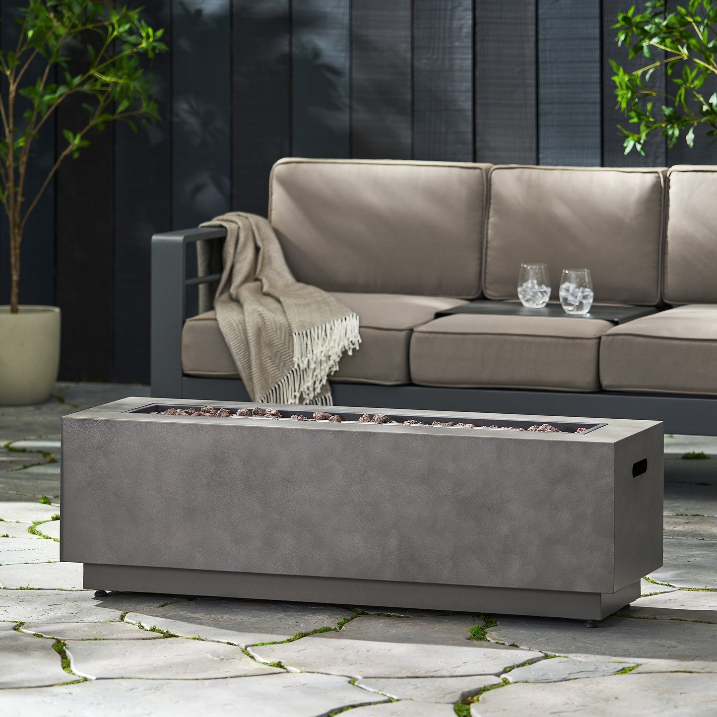 RECTANGULAR IRON FIRE PIT 50,000 BTU WITH TANK HOLDER, Stone Gray