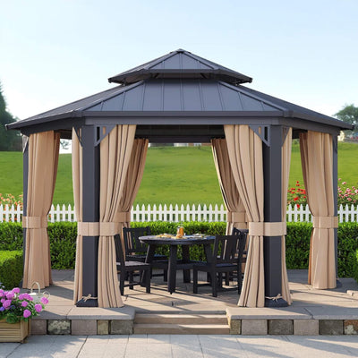 Alora Double-Tier Hexagonal Metal Hardtop Patio Gazebo With Curtains - 13' x 15'