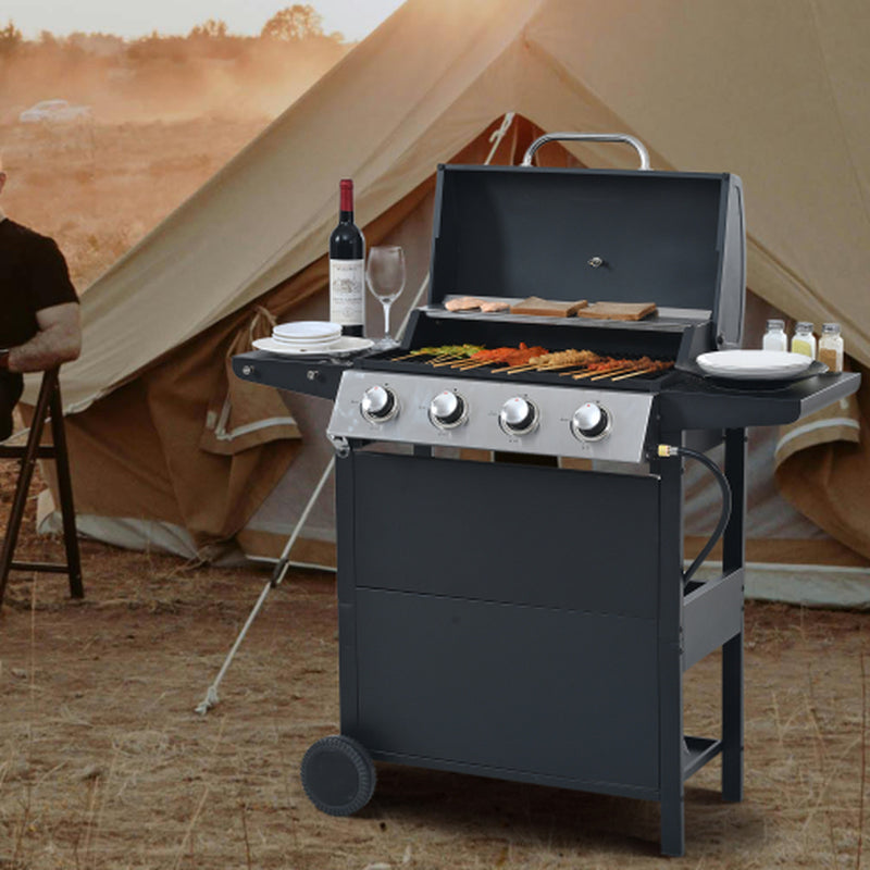 Propane Gas Grill 4 Burner Barbecue Grill, Stainless Steel 34,000 BTU Patio Garden Barbecue Grill with Two Shelves, Lid, Wheels and Bottle Opener