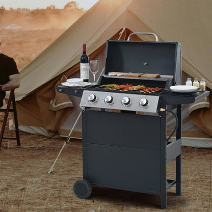 Propane Gas Grill 4 Burner Barbecue Grill, Stainless Steel 34,000 BTU Patio Garden Barbecue Grill with Two Shelves, Lid, Wheels and Bottle Opener