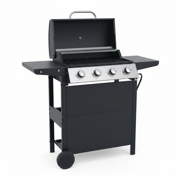 Propane Gas Grill 4 Burner Barbecue Grill, Stainless Steel 34,000 BTU Patio Garden Barbecue Grill with Two Shelves, Lid, Wheels and Bottle Opener
