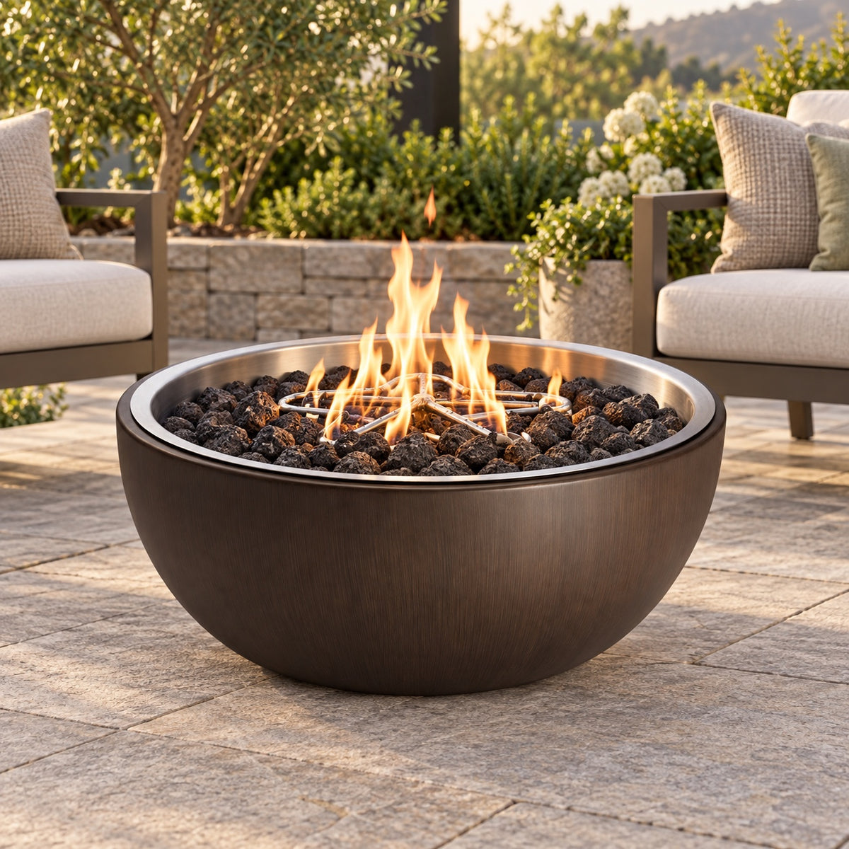 HPC Walnut-Finish Spun Aluminum Fire Bowl – 35″