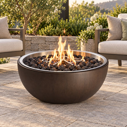 HPC Walnut-Finish Spun Aluminum Fire Bowl – 35″