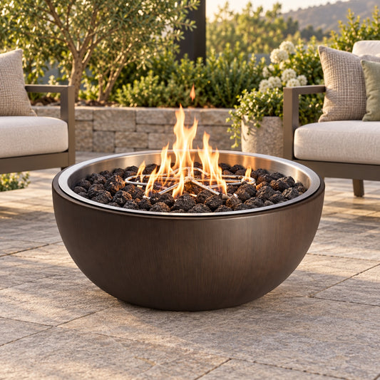 HPC Walnut-Finish Spun Aluminum Fire Bowl – 35″
