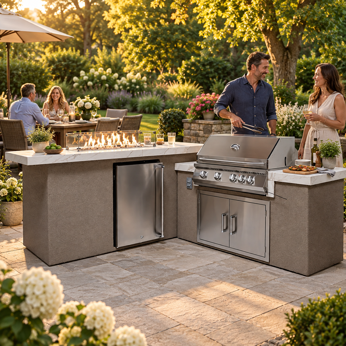 KoKoMo Outdoor Kitchen Island With Fire Feature – 7'6" x 9'