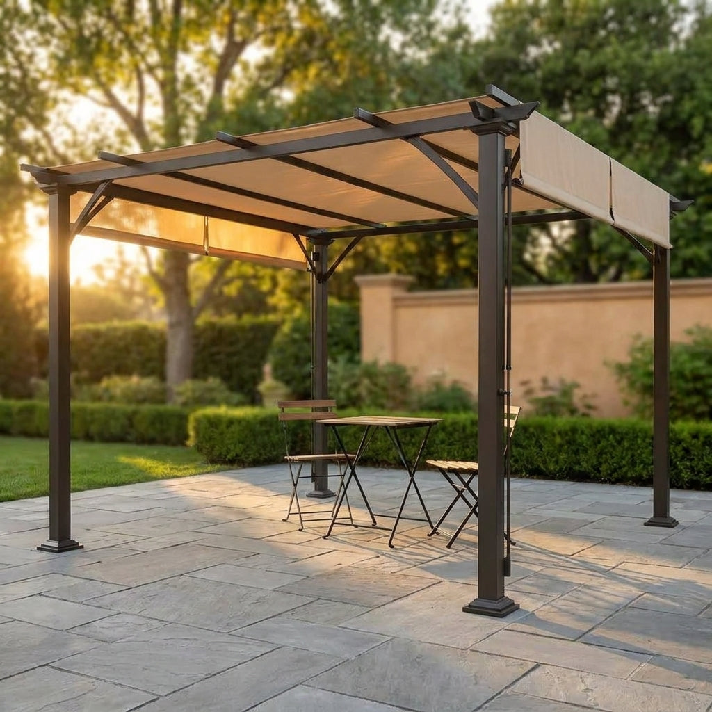 10 Ft. X 10 Ft. Steel Patio Pergola with Beige Shade Canopy — Studio Shot