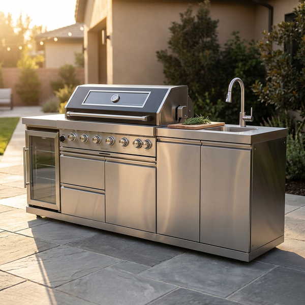 43 In. 6-Burner Propane Gas Grill Island Outdoor Kitchen in Stainless Steel with Refrigerator, Sink — Studio Shot