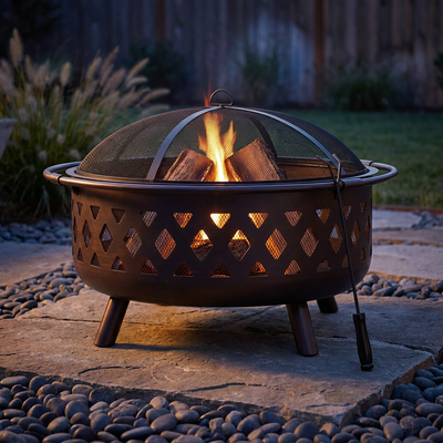 Cross Weave 36 In. X 24 In. Large round Steel Wood Burning Fire Pit in Bronze with Spark Screen