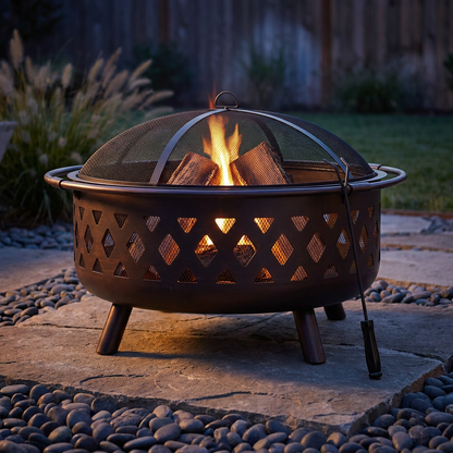 Cross Weave 36 In. X 24 In. Large round Steel Wood Burning Fire Pit in Bronze with Spark Screen — Studio Shot