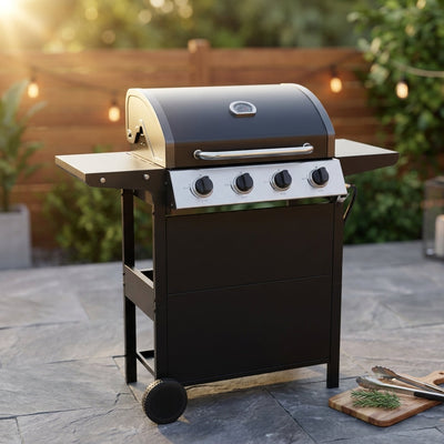 Propane Gas Grill 4 Burner Barbecue Grill, Stainless Steel 34,000 BTU Patio Garden Barbecue Grill with Two Shelves, Lid, Wheels and Bottle Opener