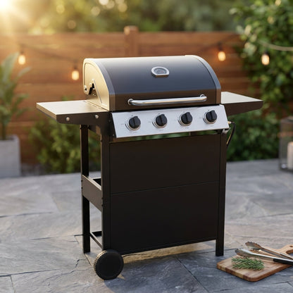 Propane Gas Grill 4 Burner Barbecue Grill, Stainless Steel 34,000 BTU Patio Garden Barbecue Grill with Two Shelves, Lid, Wheels and Bottle Opener — Studio Shot
